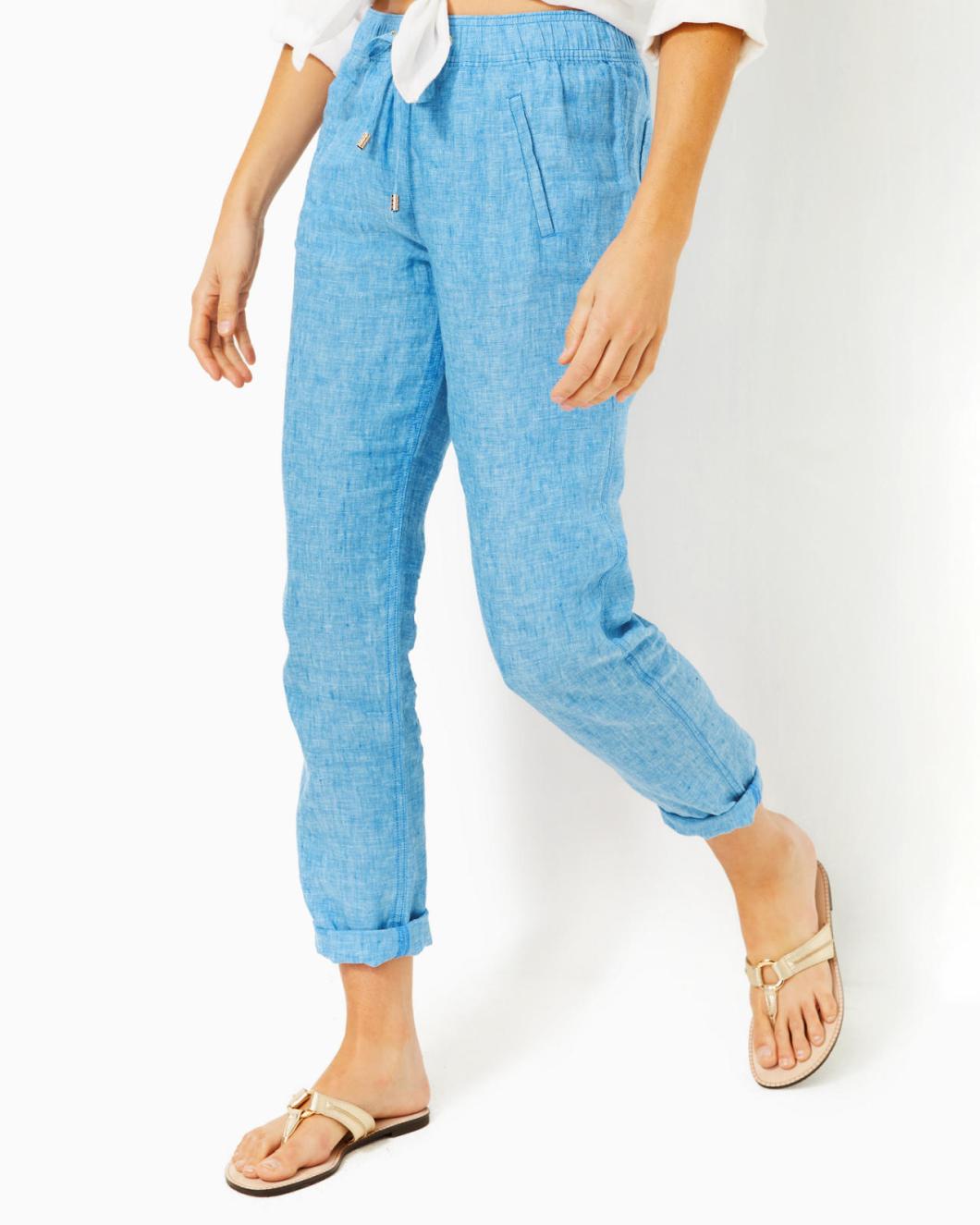 Lilly Pulitzer 31" Taron Mid-Rise Linen Pant Beckon Blue X Sea Salt Blue | Women Bottoms
