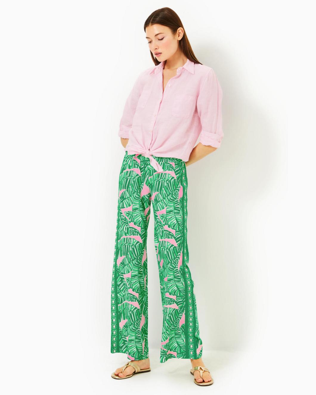 Lilly Pulitzer 32" Bal Harbour Palazzo Pant Conch Shell Pink Lets Go Bananas Engineered Pant | Women Bottoms