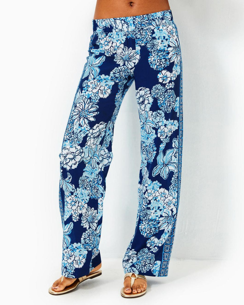 Lilly Pulitzer 32" Bal Harbour Palazzo Pant Low Tide Navy Bouquet All Day Engineered Pant | Women Bottoms