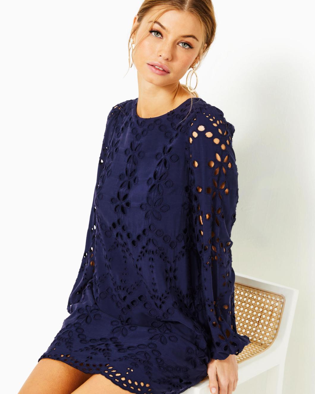 Lilly Pulitzer Alyna Long Sleeve Eyelet Dress True Navy Soiree Eyelet | Women Straight Dresses