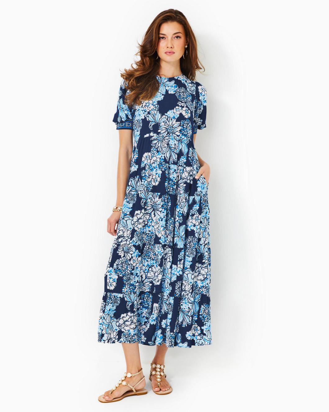 Lilly Pulitzer Ameilia Elbow Sleeve Midi Dress Low Tide Navy Bouquet All Day Engineered Woven Dress | Women A-Line/Easy Dresses