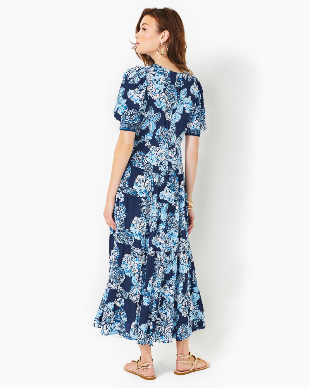 Lilly Pulitzer Ameilia Elbow Sleeve Midi Dress Low Tide Navy Bouquet All Day Engineered Woven Dress | Women A-Line/Easy Dresses