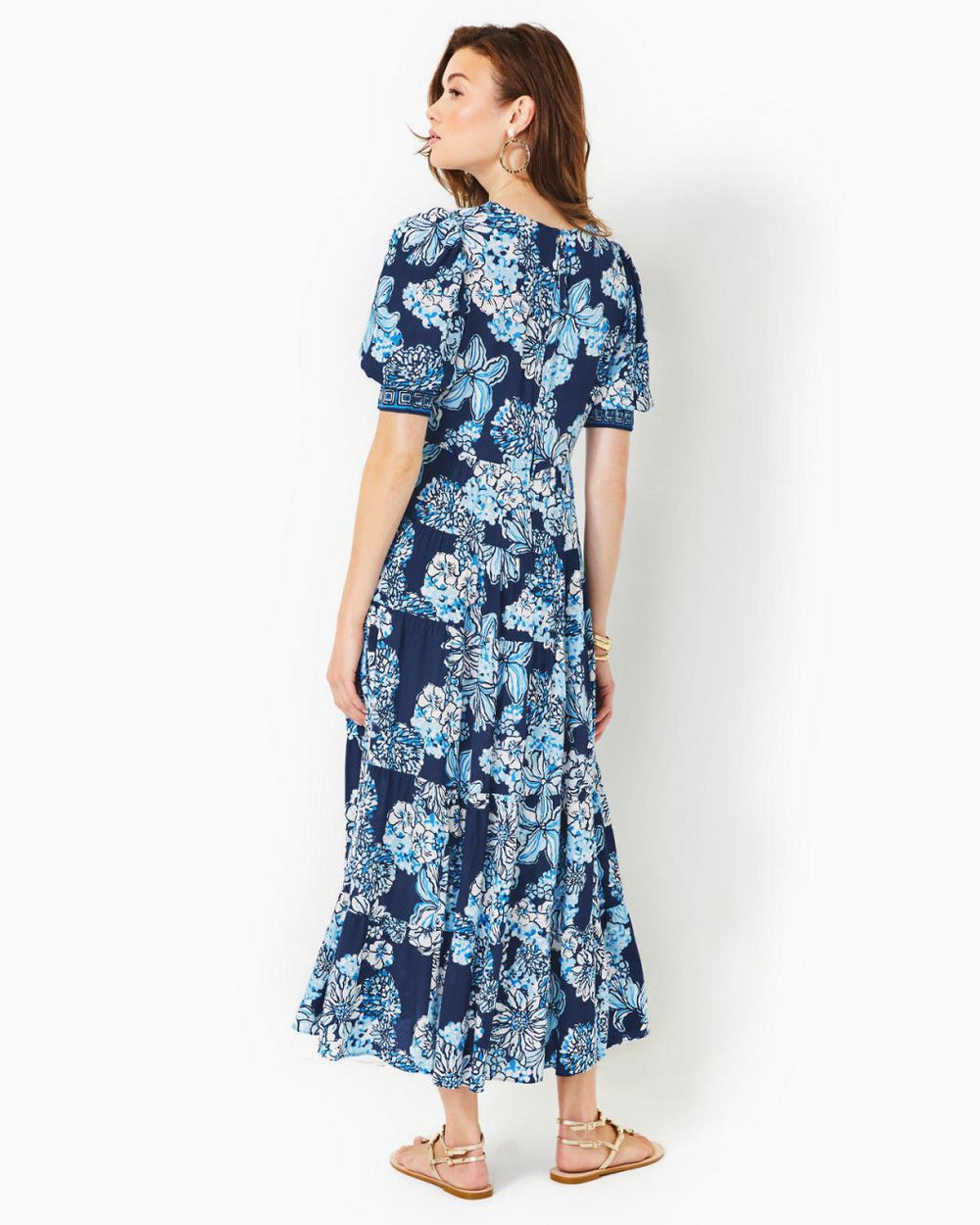 Lilly Pulitzer Ameilia Elbow Sleeve Midi Dress Low Tide Navy Bouquet All Day Engineered Woven Dress | Women A-Line/Easy Dresses