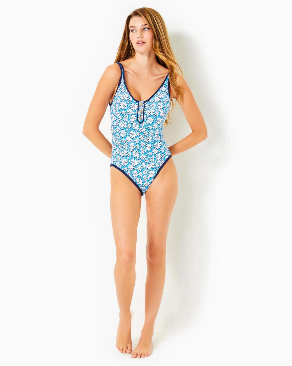 Lilly Pulitzer Baela One-Piece Swimsuit Lunar Blue Palm Beach Petals | Women Swimsuits