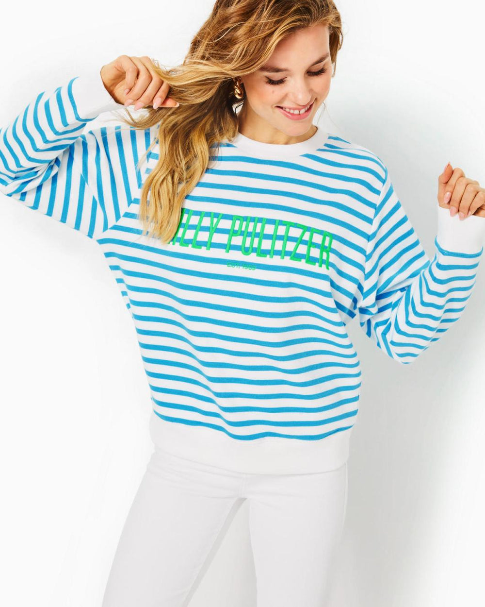 Lilly Pulitzer Ballad Cotton Sweatshirt Lunar Blue Striped Lilly Pulitzer Embroidered Sweat | Women Tops
