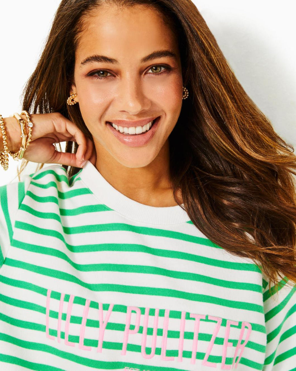 Lilly Pulitzer Ballad Cotton Sweatshirt Spearmint Striped Lilly Pulitzer Embroidered Sweat | Women Tops