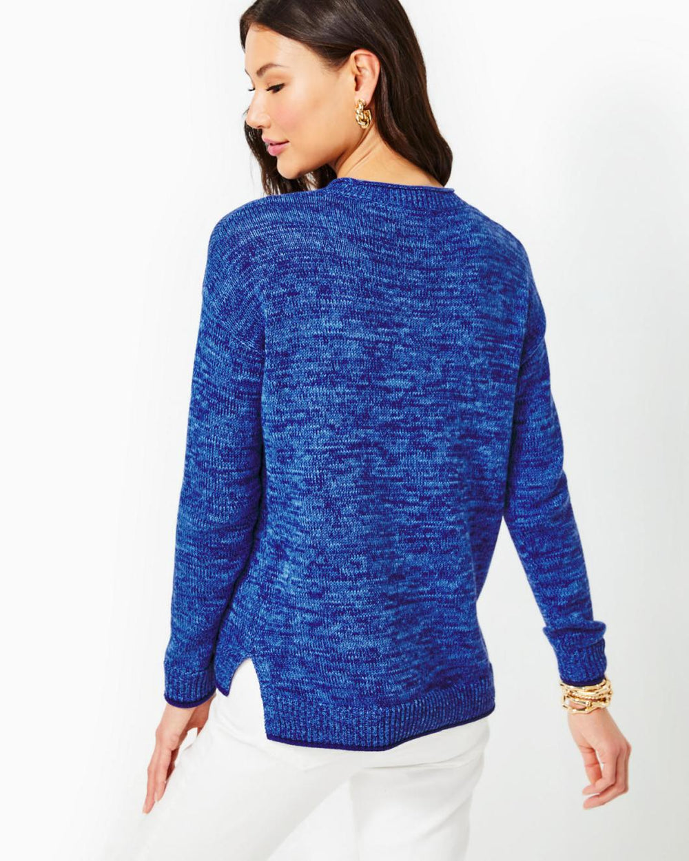 Lilly Pulitzer Bayport Cotton Crew Sweater Aegean Navy Blue Marl | Women Tops