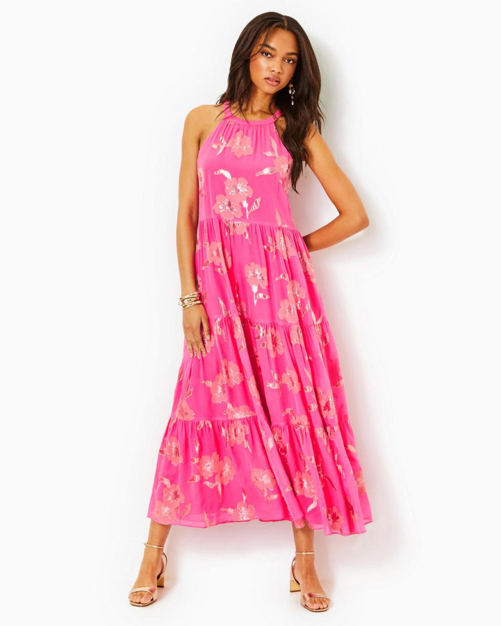 Lilly Pulitzer Beccalyn Halter Maxi Dress Roxie Pink Anniversary Silk Clip | Women Swing Dresses