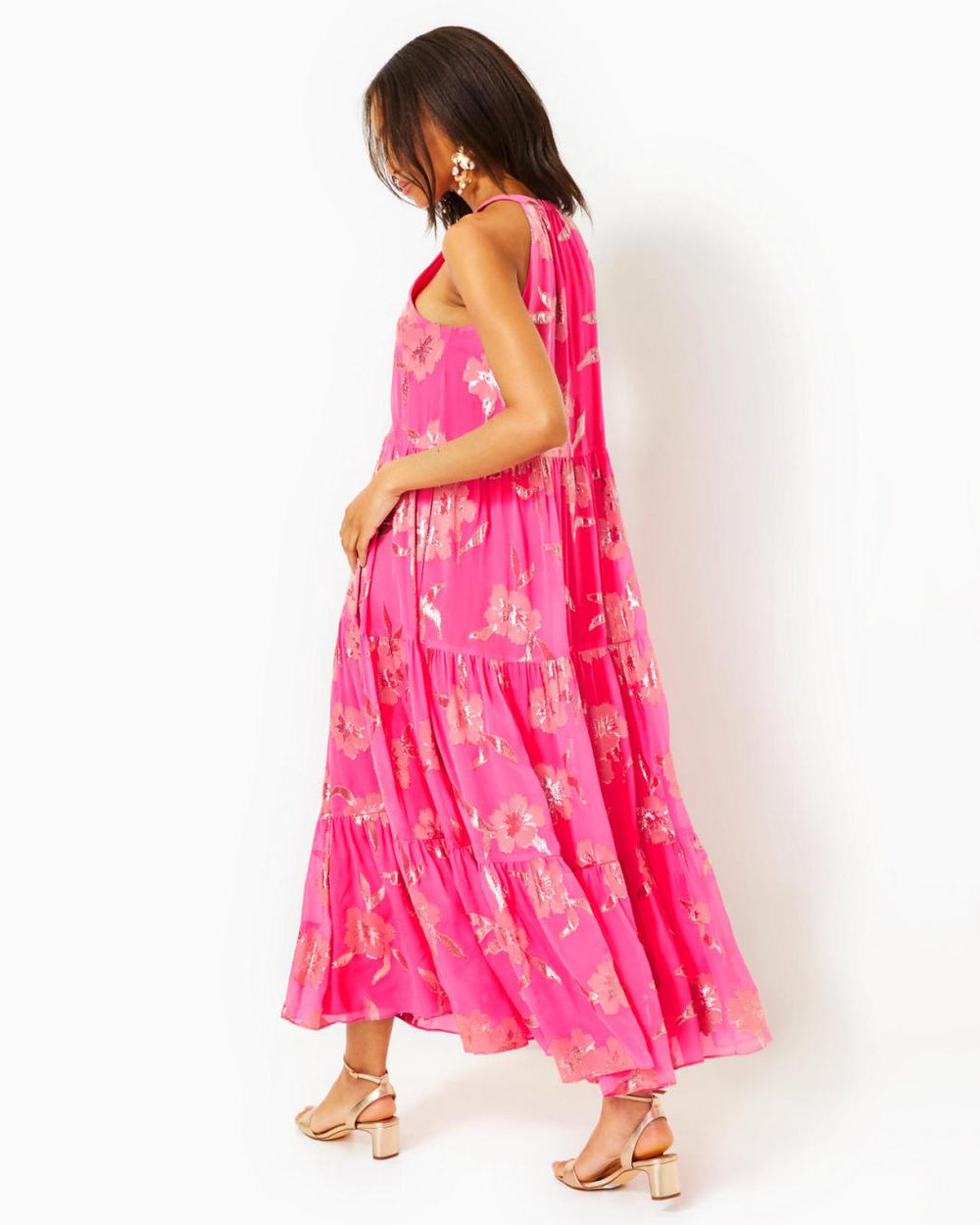 Lilly Pulitzer Beccalyn Halter Maxi Dress Roxie Pink Anniversary Silk Clip | Women Swing Dresses