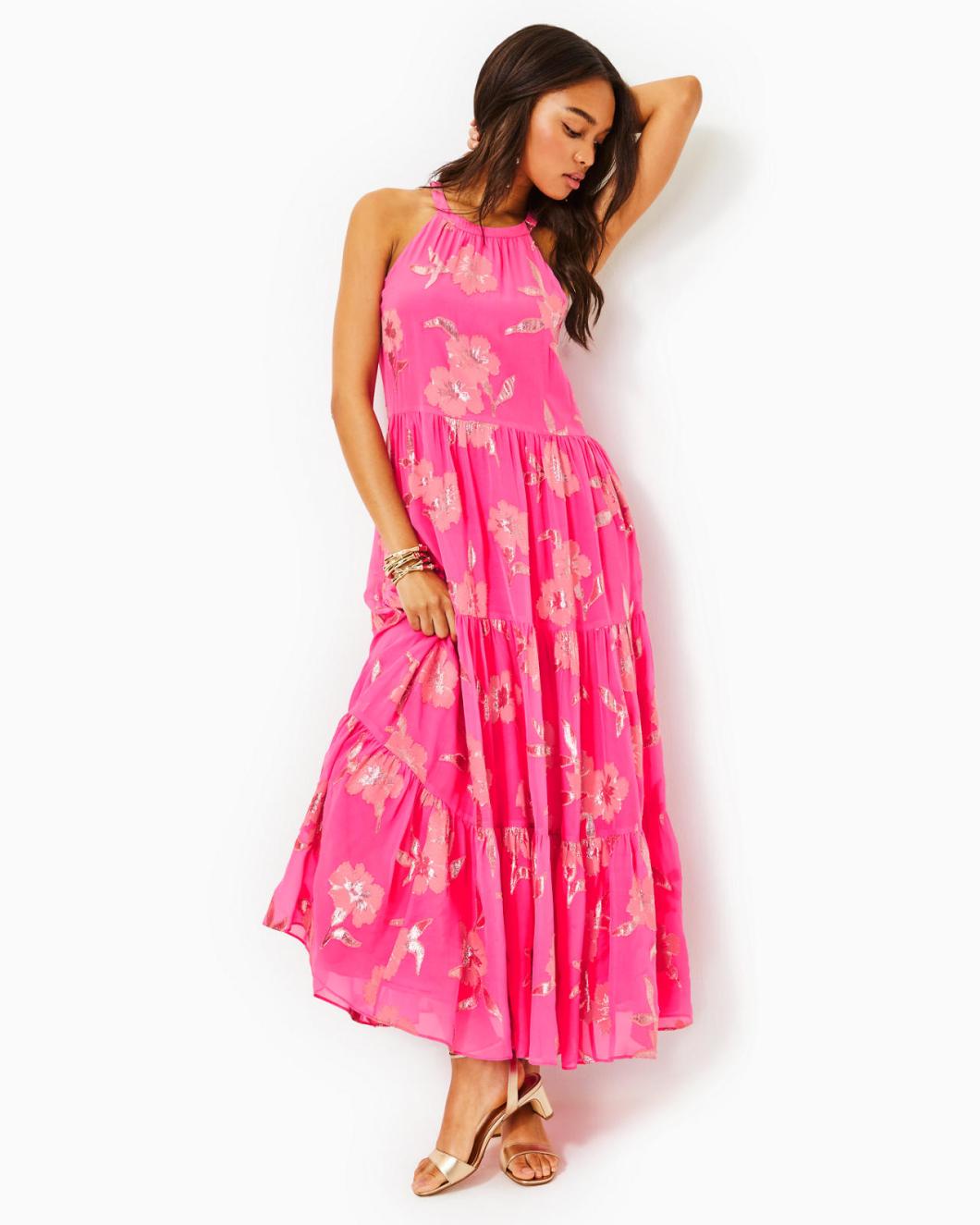 Lilly Pulitzer Beccalyn Halter Maxi Dress Roxie Pink Anniversary Silk Clip | Women Swing Dresses