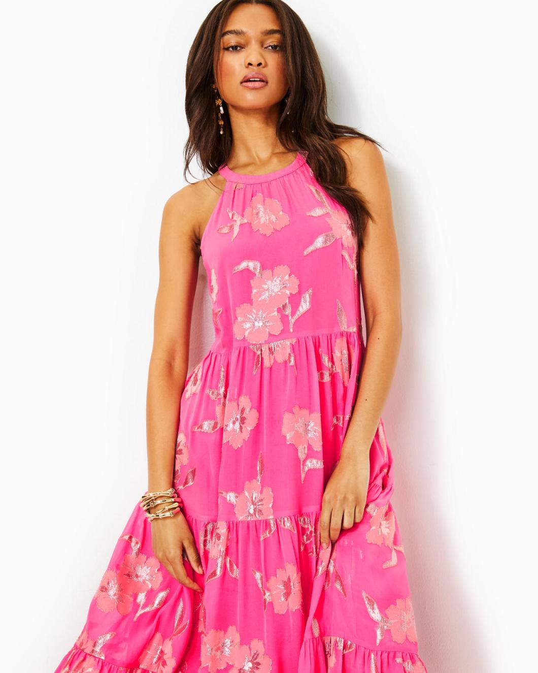 Lilly Pulitzer Beccalyn Halter Maxi Dress Roxie Pink Anniversary Silk Clip | Women Swing Dresses