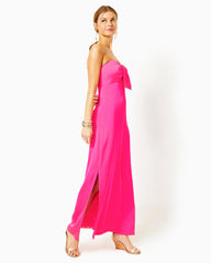 Lilly Pulitzer Carlynn Satin Maxi Bow Dress Pink Palms | Women Straight Dresses