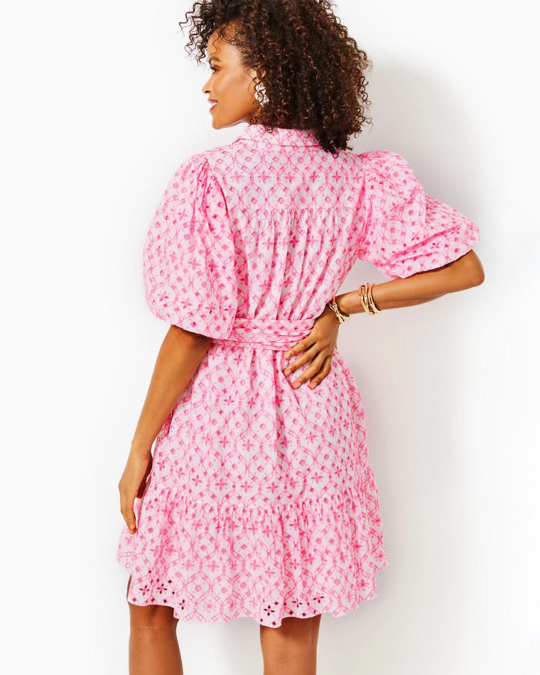 Lilly Pulitzer Cartley Elbow Sleeve Eyelet Shirtdress Resort White X Havana Pink Flutter Eyelet | Women A-Line/Easy Dresses