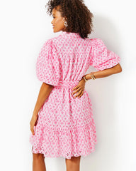 Lilly Pulitzer Cartley Elbow Sleeve Eyelet Shirtdress Resort White X Havana Pink Flutter Eyelet | Women A-Line/Easy Dresses
