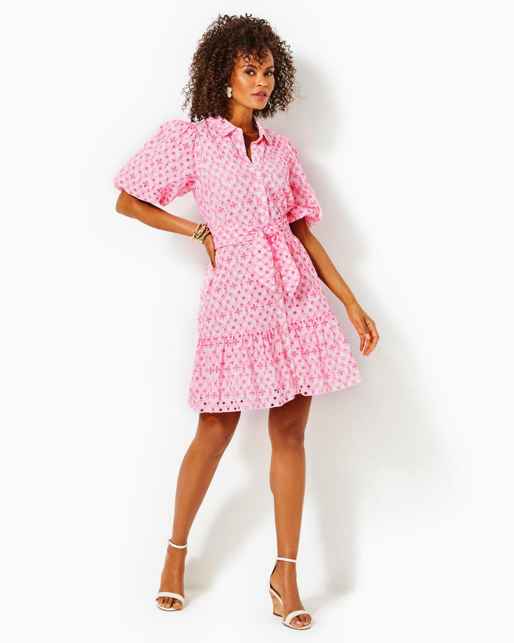 Lilly Pulitzer Cartley Elbow Sleeve Eyelet Shirtdress Resort White X Havana Pink Flutter Eyelet | Women A-Line/Easy Dresses