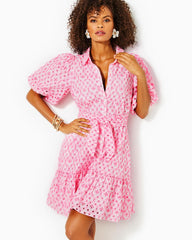Lilly Pulitzer Cartley Elbow Sleeve Eyelet Shirtdress Resort White X Havana Pink Flutter Eyelet | Women A-Line/Easy Dresses