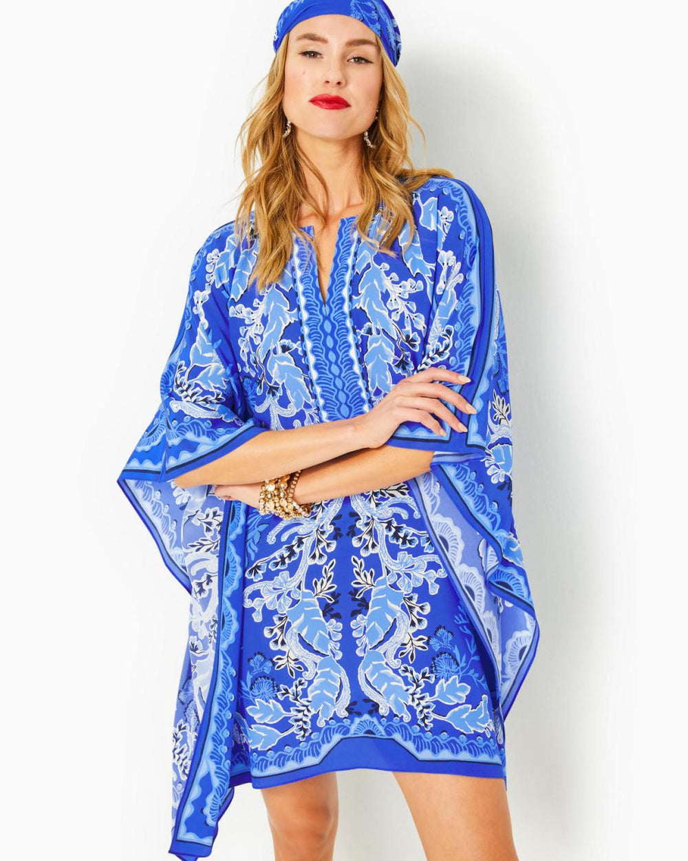Lilly Pulitzer Cinzia Silk Caftan Alba Blue Baja Cove Engineered Woven Dress | Women A-Line/Easy Dresses