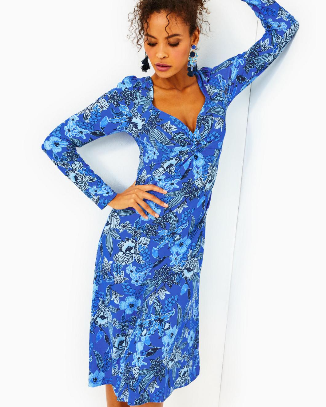 Lilly Pulitzer Claudia Twist-Front Midi Dress Alba Blue Cruisin Together | Women Fitted Dresses