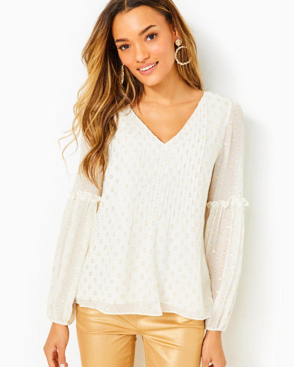 Lilly Pulitzer Cleme Long Sleeve Top Coconut Viscose Metallic Clip Dot | Women Tops