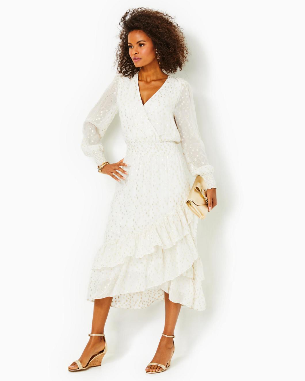 Lilly Pulitzer Cristiana Midi Dress Coconut Viscose Metallic Clip Dobby | Women A-Line/Easy Dresses