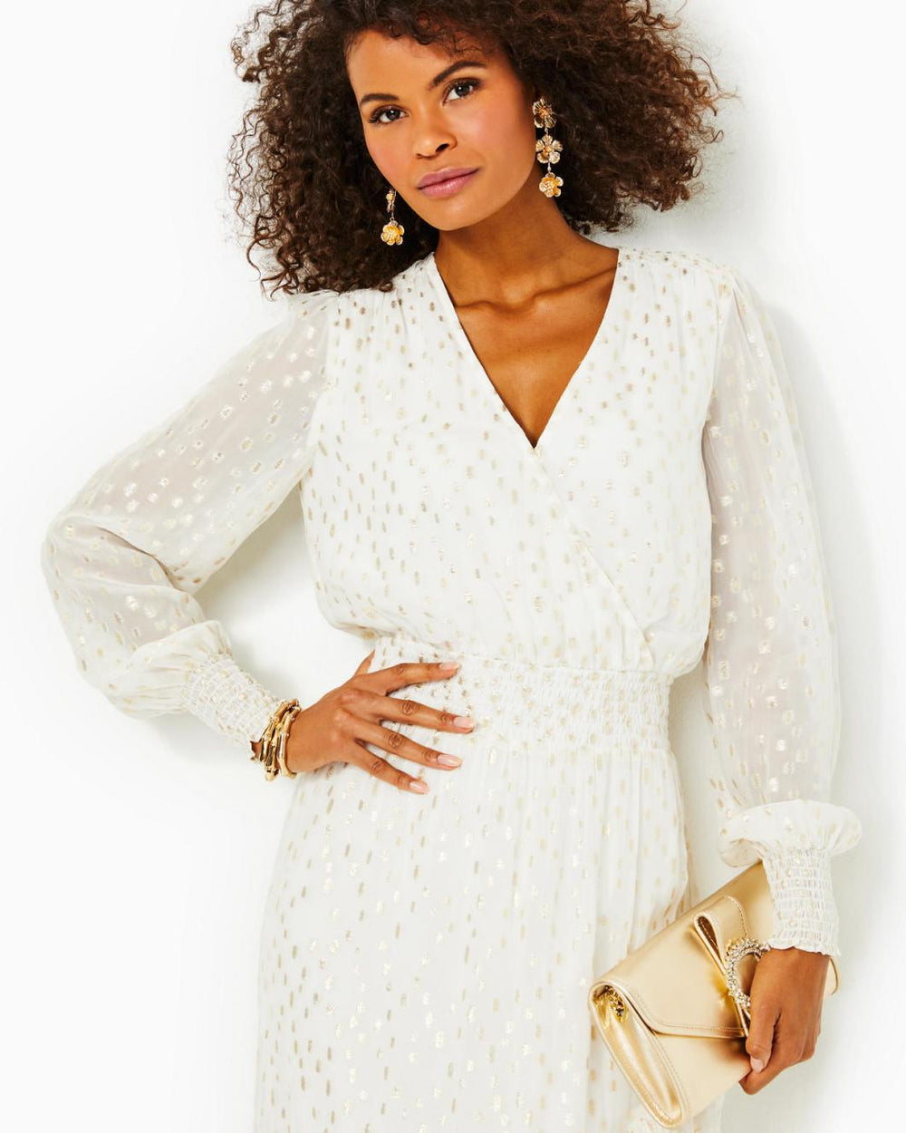 Lilly Pulitzer Cristiana Midi Dress Coconut Viscose Metallic Clip Dobby | Women A-Line/Easy Dresses