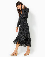Lilly Pulitzer Cristiana Midi Dress Onyx Viscose Metallic Clip Dobby | Women A-Line/Easy Dresses