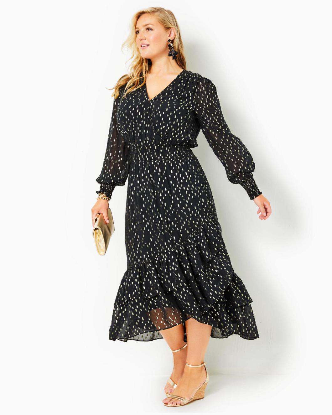 Lilly Pulitzer Cristiana Midi Dress Onyx Viscose Metallic Clip Dobby | Women A-Line/Easy Dresses