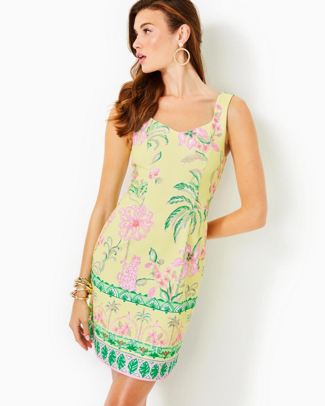 Lilly Pulitzer Del Rey Stretch Shift Dress Finch Yellow Tropical Oasis Engineered Knit Dress | Women Shift Dresses