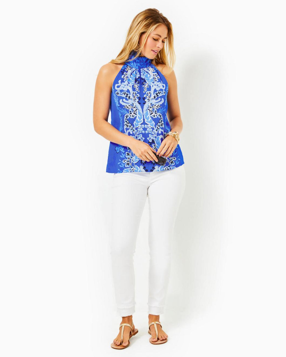 Lilly Pulitzer Donita Halter Top Alba Blue Baja Cove Engineered Woven Top | Women Tops