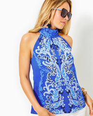 Lilly Pulitzer Donita Halter Top Alba Blue Baja Cove Engineered Woven Top | Women Tops