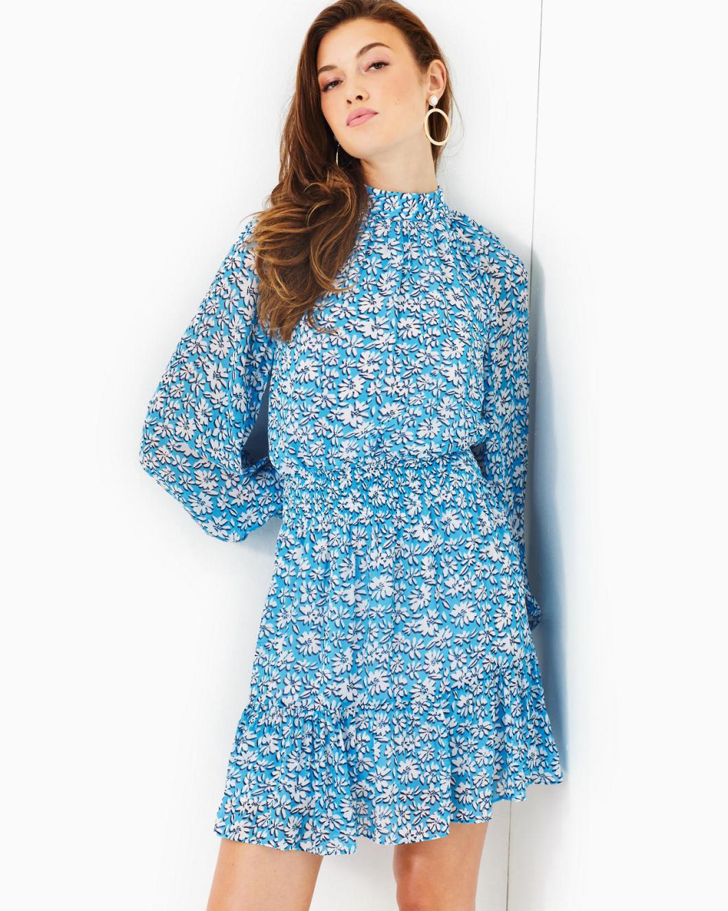 Lilly Pulitzer Ellielynn Long Sleeve Dress Lunar Blue Palm Beach Petals | Women A-Line/Easy Dresses