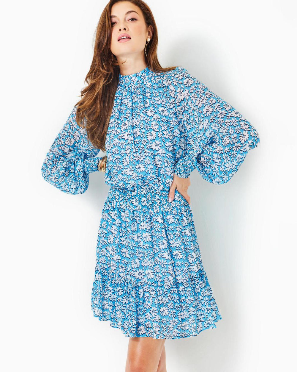 Lilly Pulitzer Ellielynn Long Sleeve Dress Lunar Blue Palm Beach Petals | Women A-Line/Easy Dresses