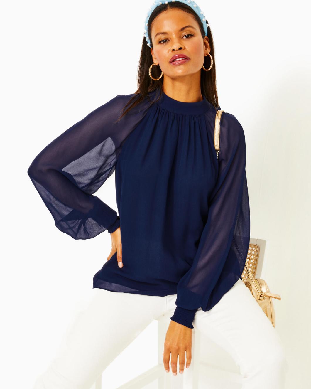 Lilly Pulitzer Ellielynn Long Sleeve Top Low Tide Navy | Women Tops