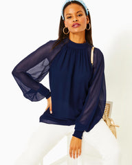 Lilly Pulitzer Ellielynn Long Sleeve Top Low Tide Navy | Women Tops