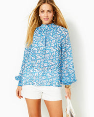 Lilly Pulitzer Ellielynn Long Sleeve Top Lunar Blue Palm Beach Petals | Women Tops