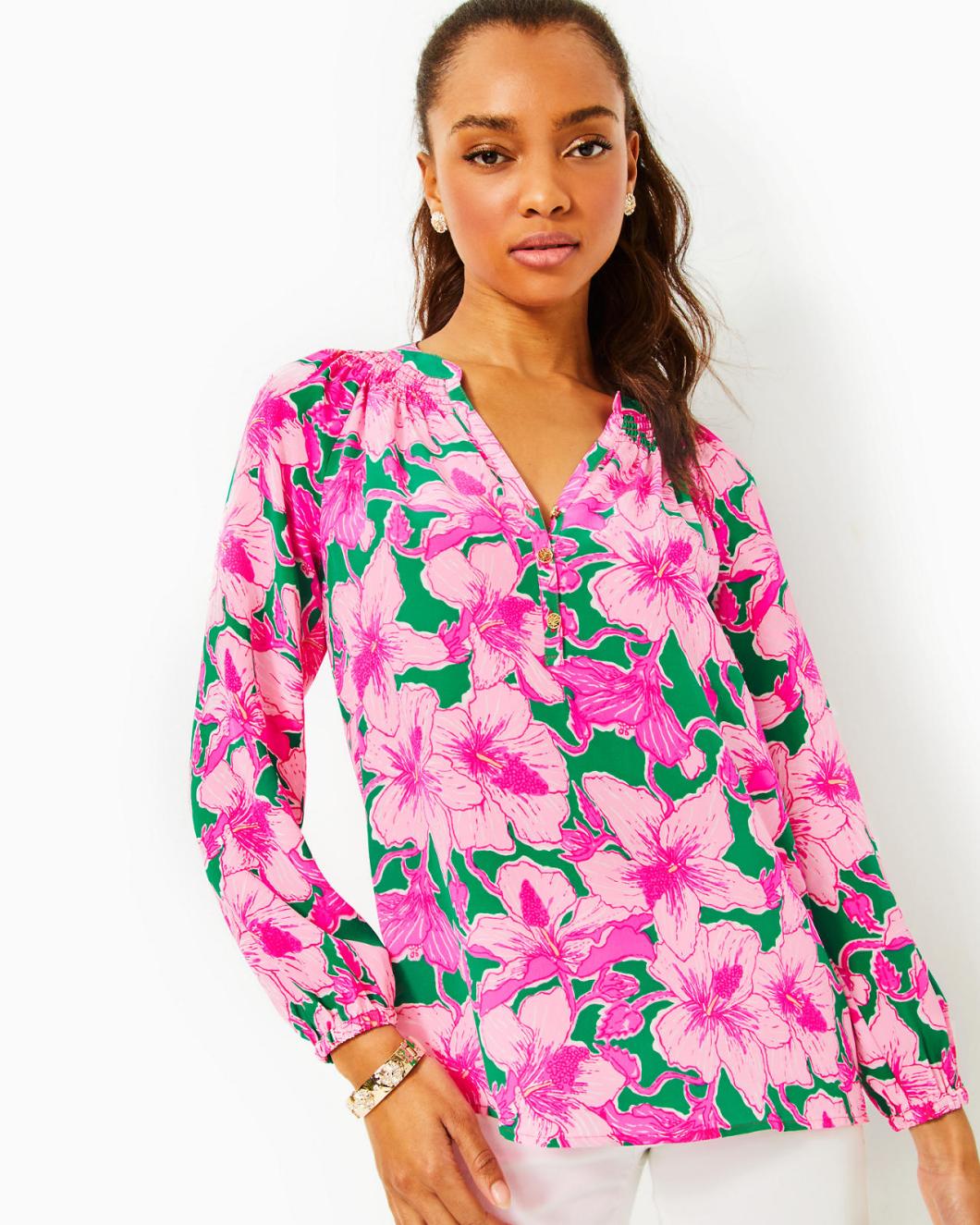 Lilly Pulitzer Elsa Silk Top Kelly Green Hibis Kiss | Women Tops