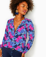 Lilly Pulitzer Elsa Silk Top Low Tide Navy Its Ofishell | Women Tops