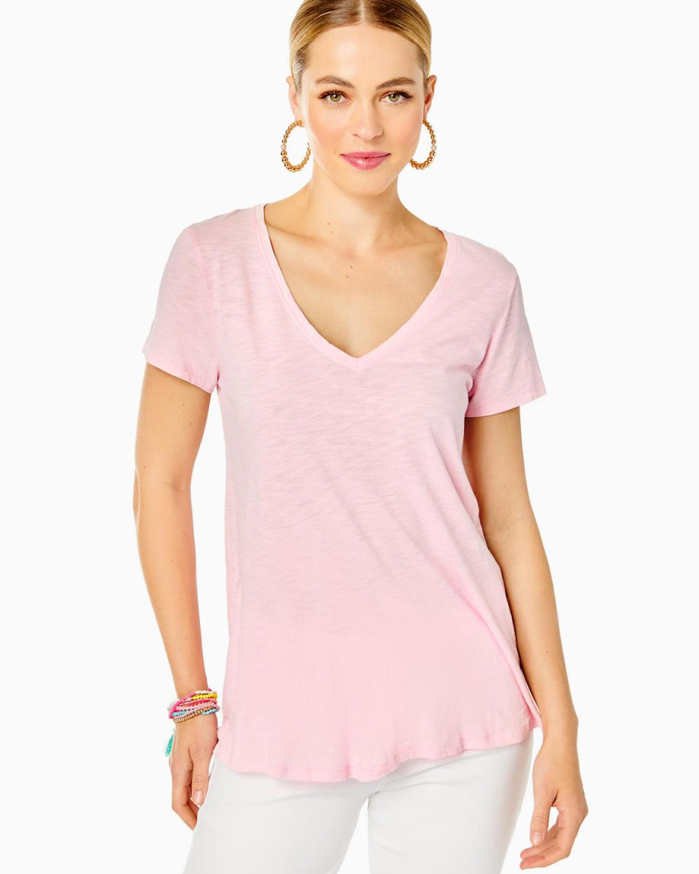 Lilly Pulitzer Etta V-Neck Cotton Top Calla Lilly Pink | Women Tops