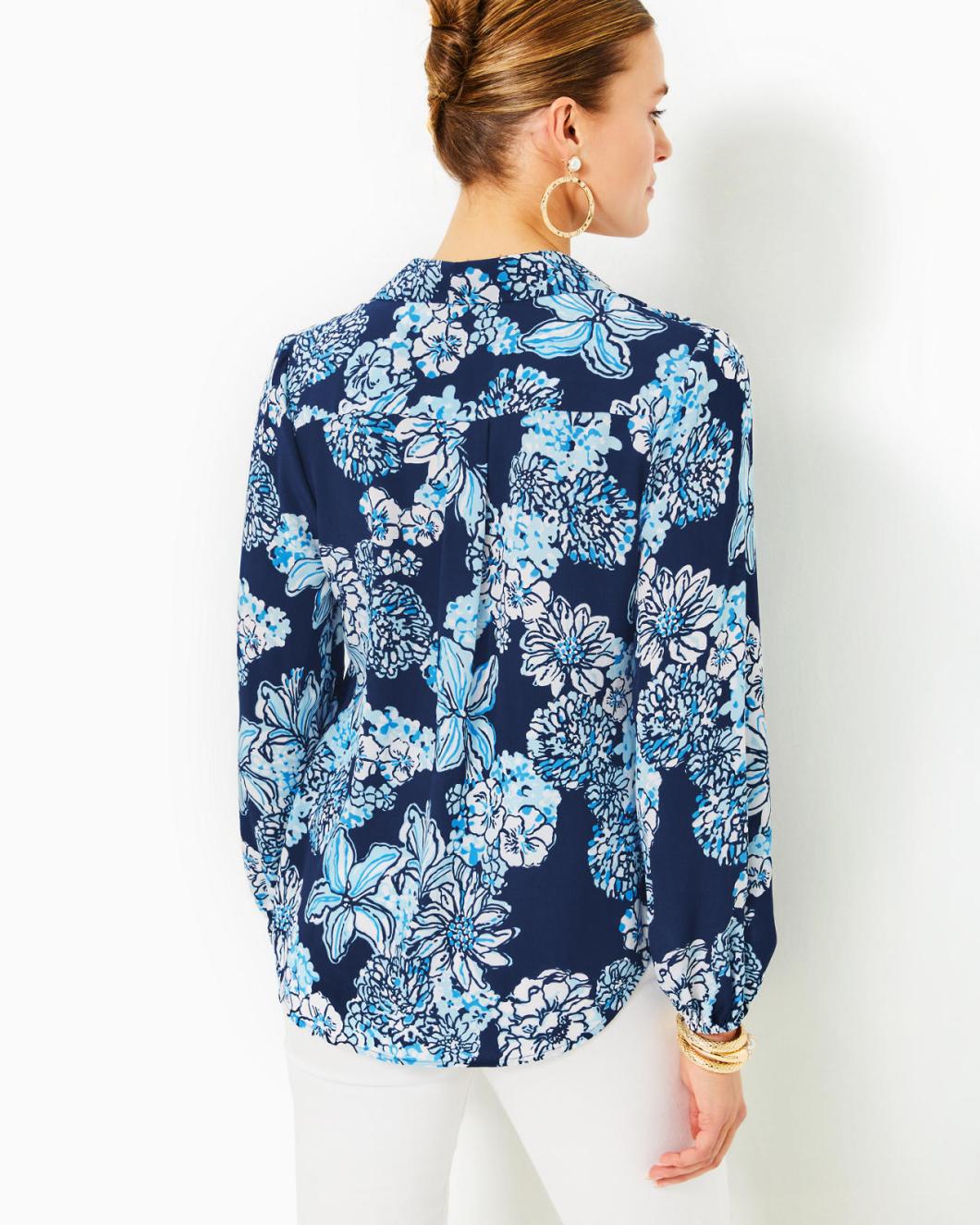 Lilly Pulitzer Farren Silk Top Low Tide Navy Bouquet All Day | Women Tops