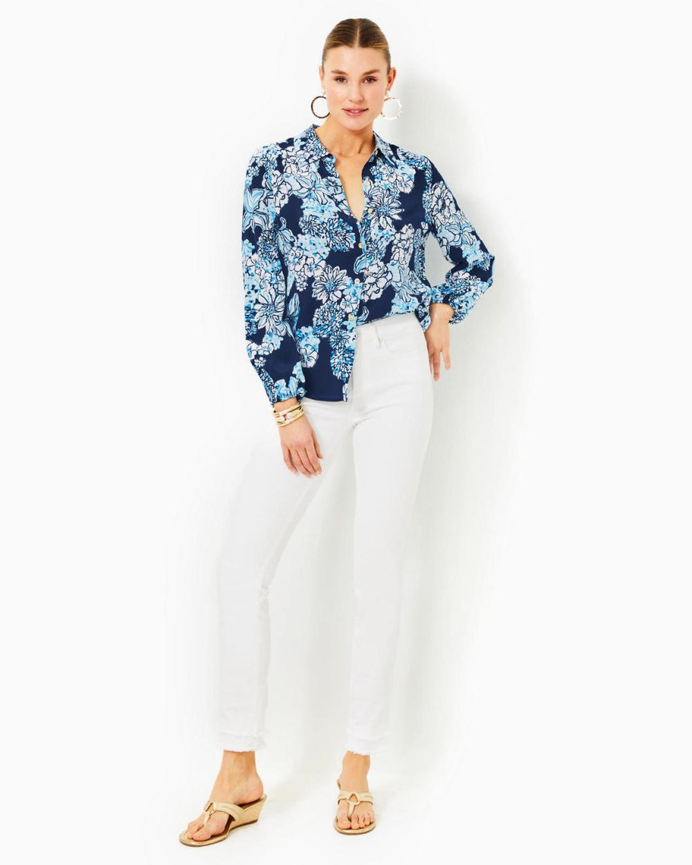 Lilly Pulitzer Farren Silk Top Low Tide Navy Bouquet All Day | Women Tops