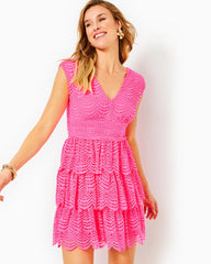 Lilly Pulitzer Faye Lace Ruffle Dress Roxie Pink Scalloped Shell Lace | Women Fit &amp; Flare Dresses