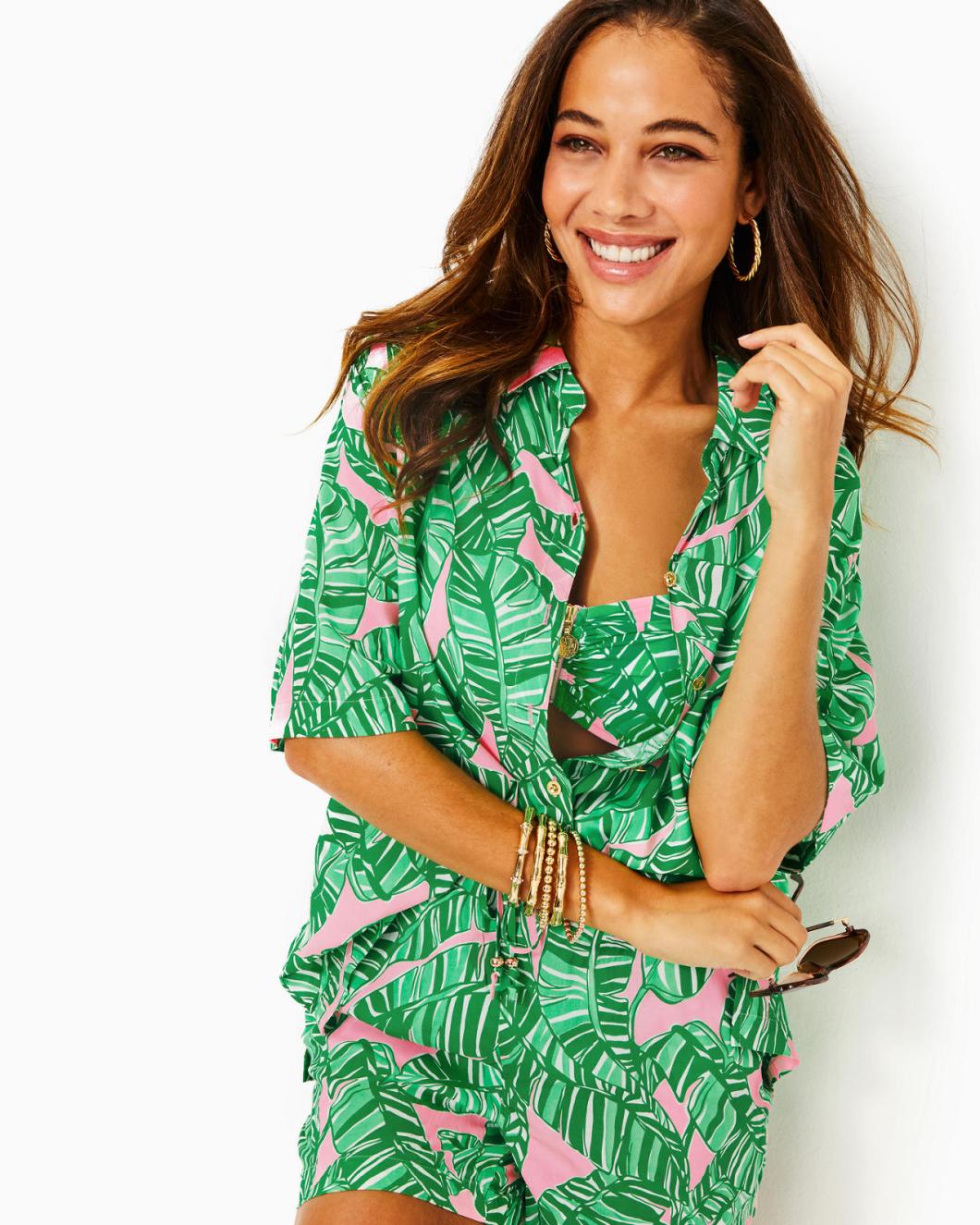 Lilly Pulitzer Franki Cover-Up Shirt Conch Shell Pink Lets Go Bananas | Women Cover-Ups