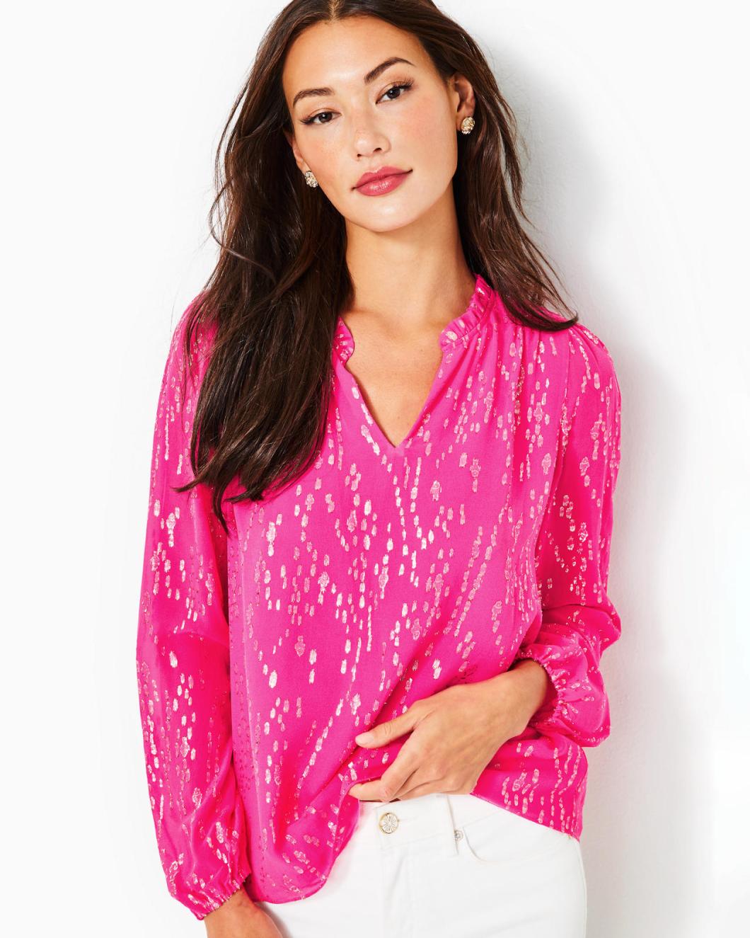 Lilly Pulitzer Giana Silk Top Pink Palms Fish Clip Chiffon | Women Tops