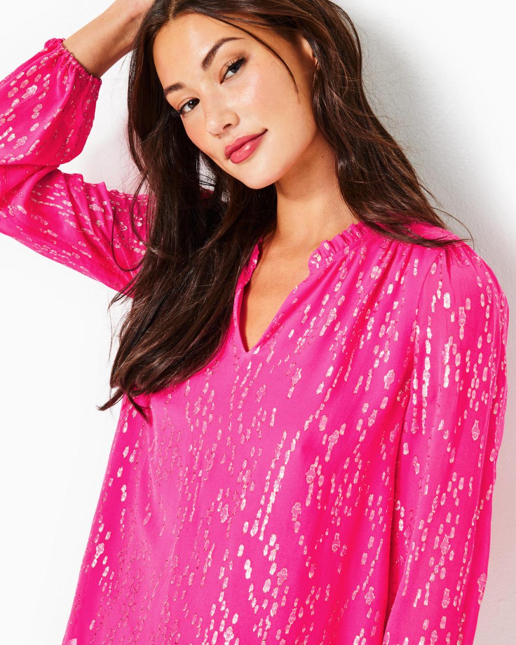 Lilly Pulitzer Giana Silk Top Pink Palms Fish Clip Chiffon | Women Tops