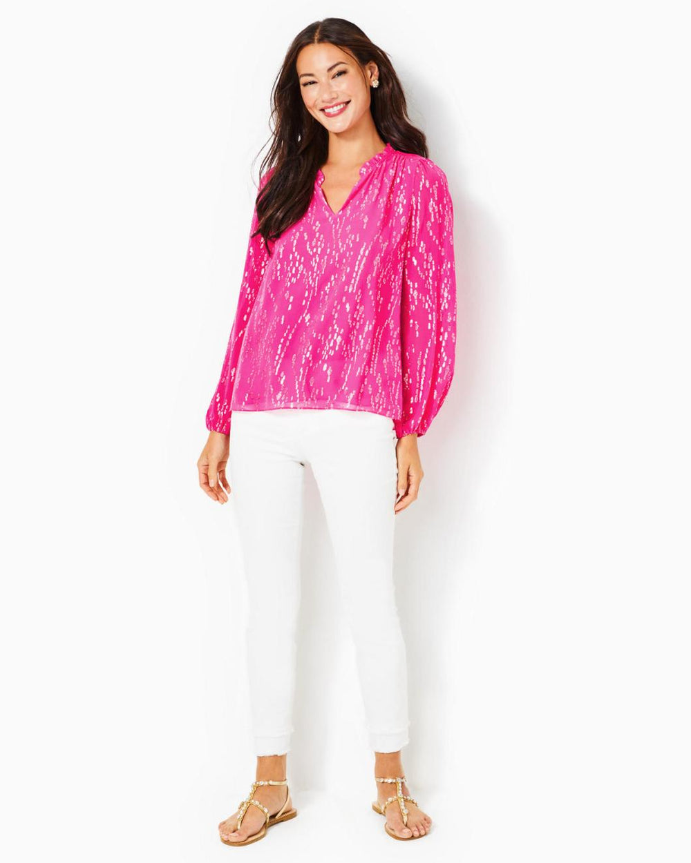 Lilly Pulitzer Giana Silk Top Pink Palms Fish Clip Chiffon | Women Tops