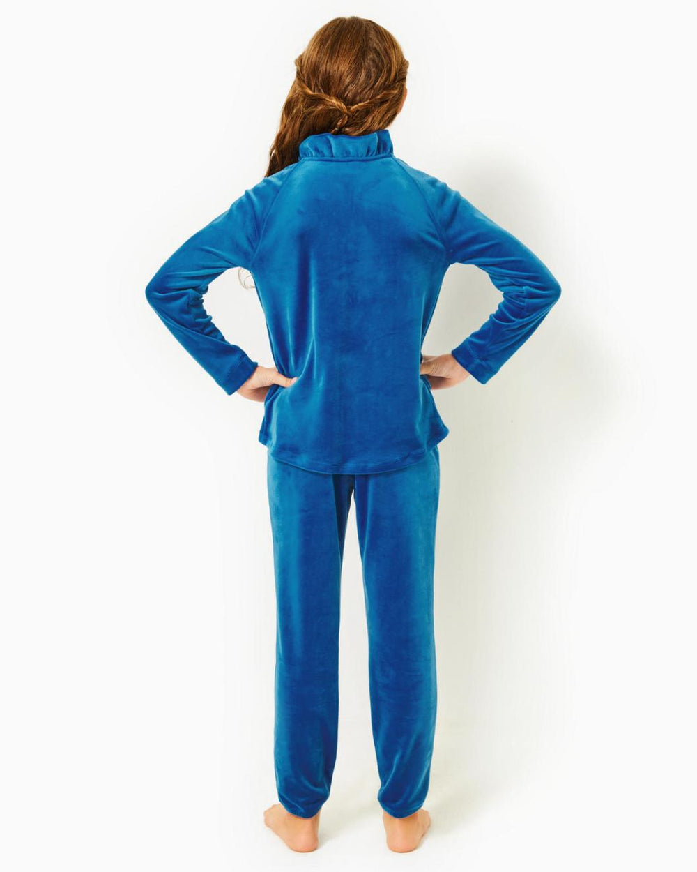 Lilly Pulitzer Girls Little Skipper Ruffle Velour Popover Indigo Breeze | Girl Tops &amp; Bottoms