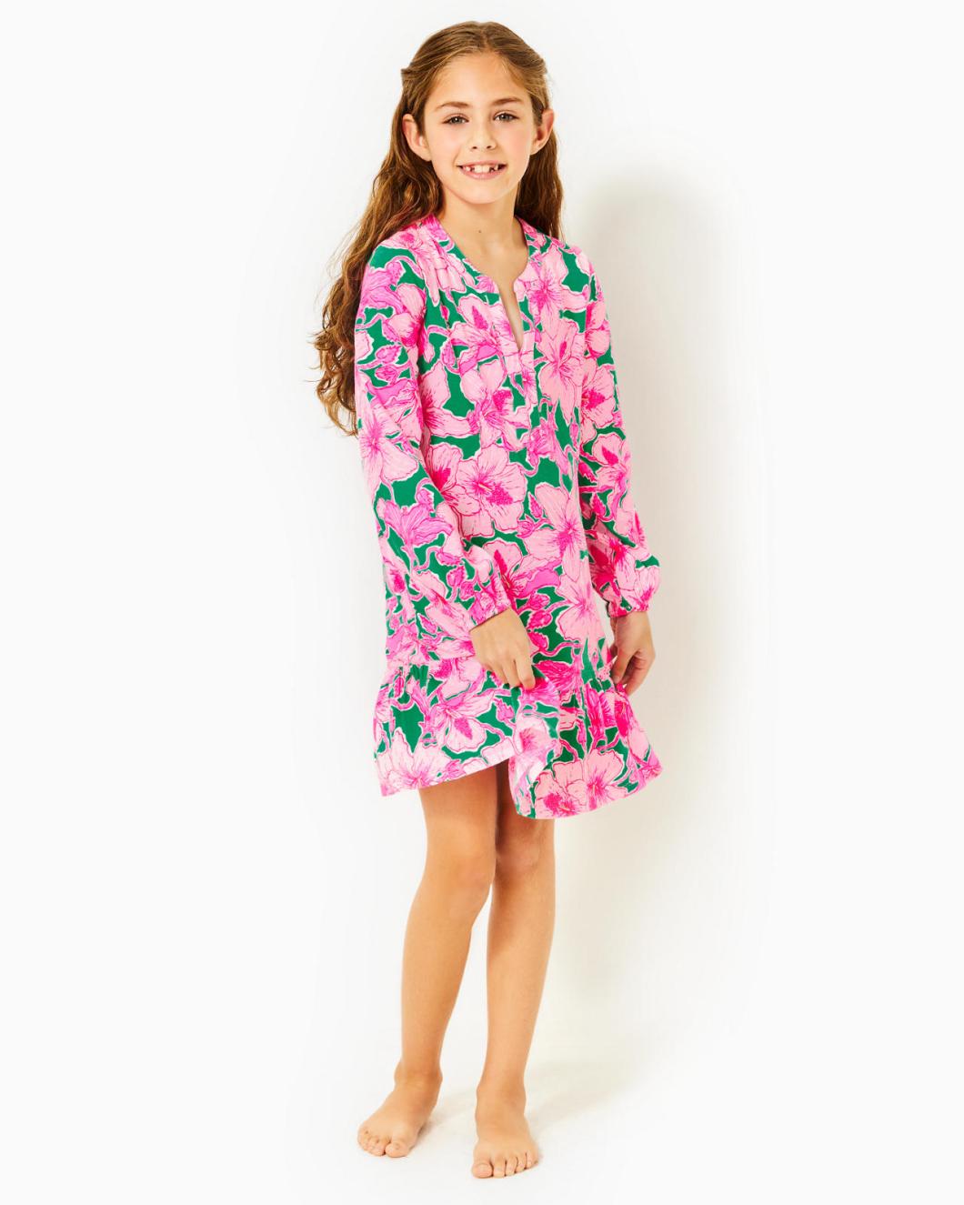 Lilly Pulitzer Girls Mini Alyssa Cotton Dress Kelly Green Hibis Kiss | Girl Dresses &amp; Rompers
