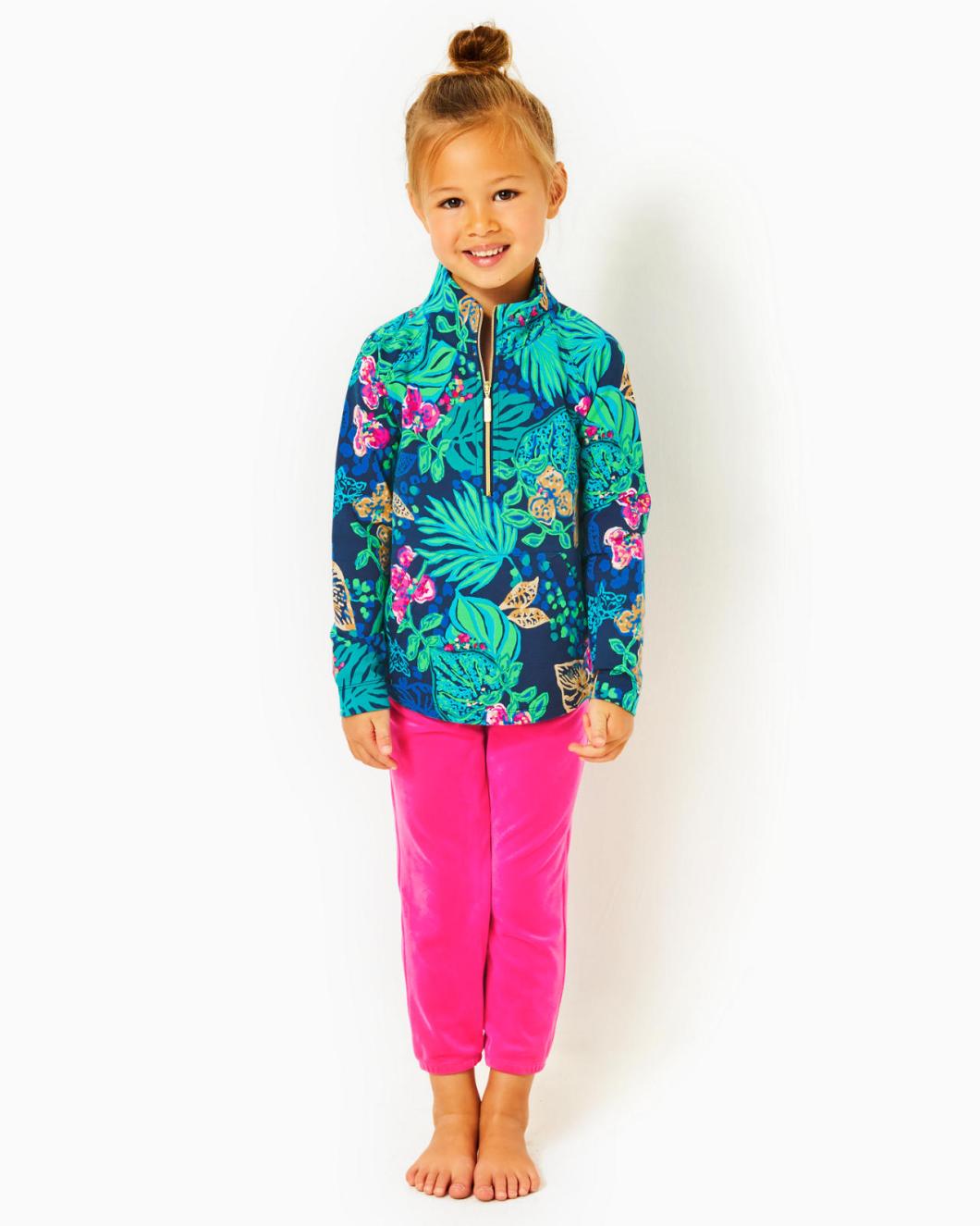 Lilly Pulitzer Girls Mini Mallie Velour Pant Pink Palms | Girl Tops &amp; Bottoms