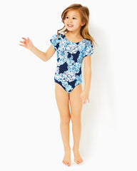 Lilly Pulitzer Girls Waterfall One-Piece Swimsuit Low Tide Navy Bouquet All Day Swim | Girl Swim