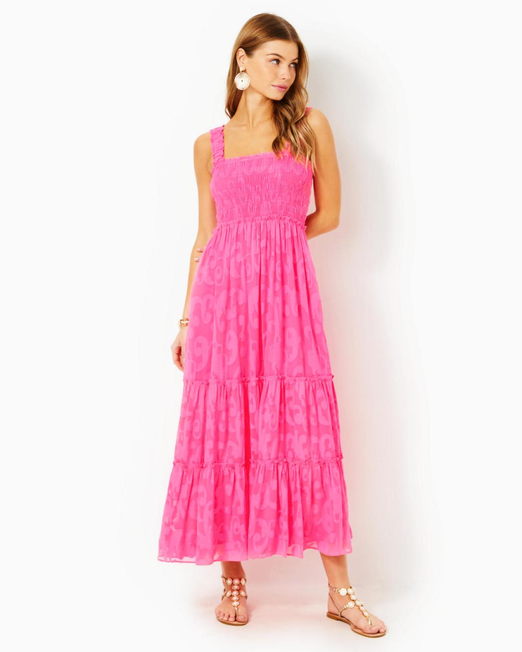 Lilly Pulitzer Hadly Smocked Maxi Dress Roxie Pink Poly Crepe Swirl Clip | Women Fit &amp; Flare Dresses